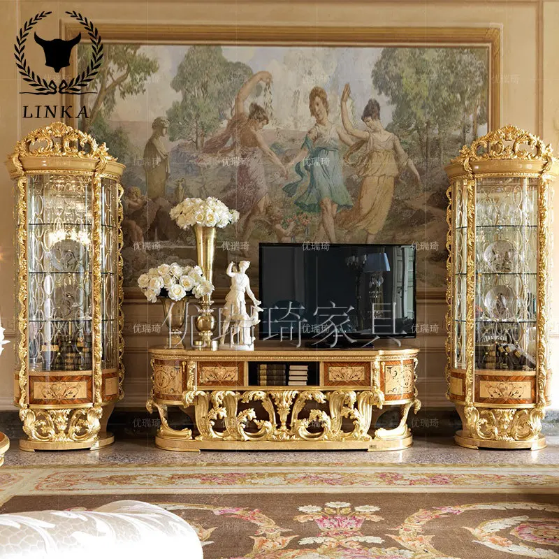 

Европейский винный шкаф из цельной древесины, роскошный угловой шкаф на заказ, резной домашний французский стеклянный шкаф, витрина из золотой фольги