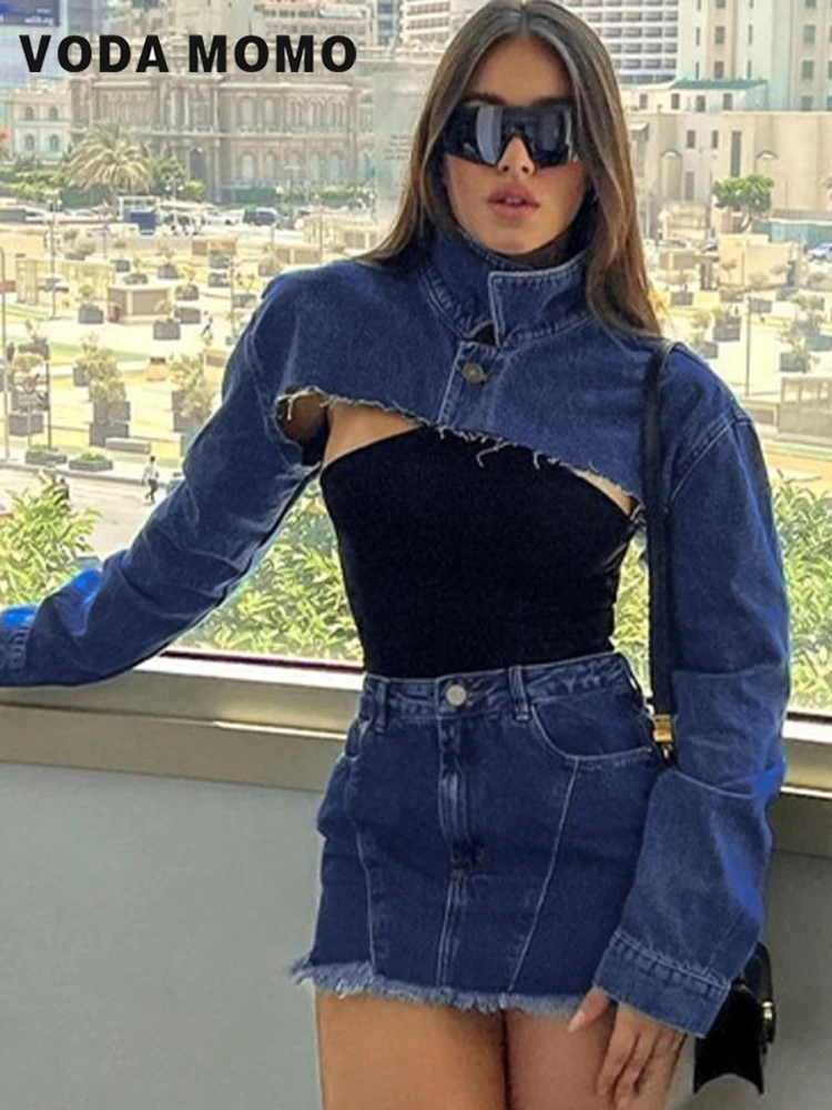 

Женский комплект из двух предметов, летний Джинсовый укороченный топ и юбка, комплект из двух предметов, 2022