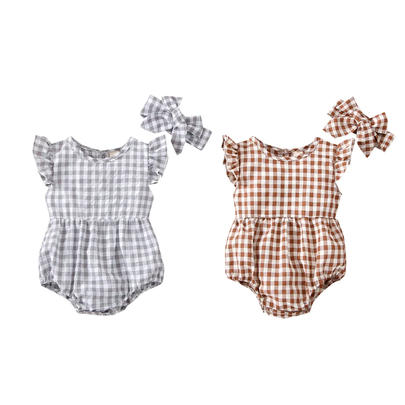 

Pudcoco 2Pcs 0-24M Newborn Kids Infant Girls Summer Round Neck Plaid Print Butterfly Short Sleeve Pleated Loose Romper+Hairband