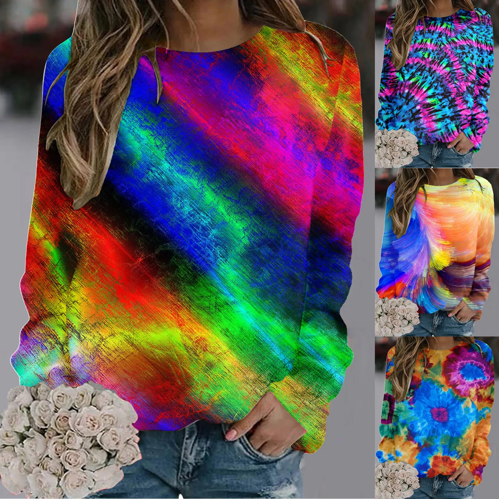 

Front Zip Athletic Jacket Women Casual Round Neck Colorful Gradient Tie Dye Print Long Sleeve Hoodie Pullover Sweaters