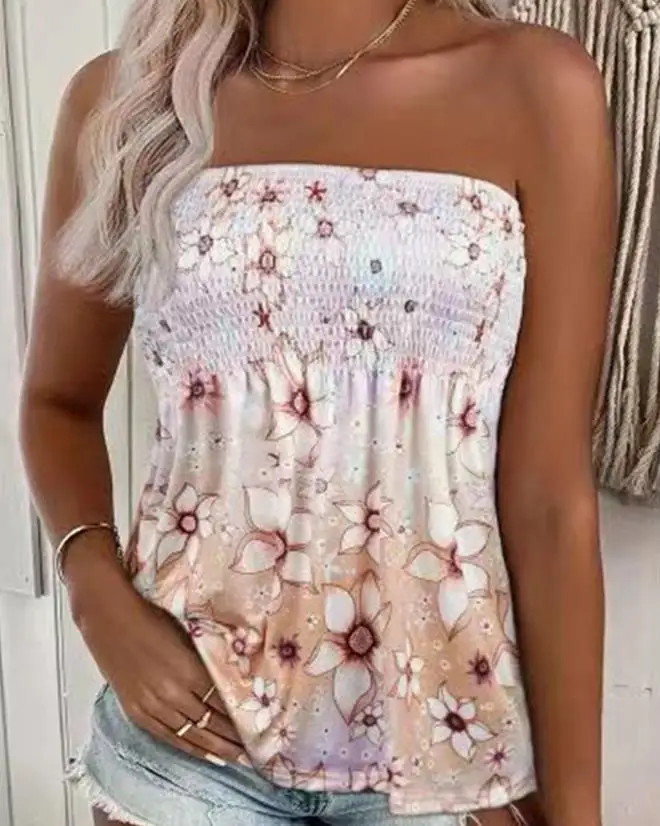 

Fashion Woman Blouse 2023 Vacation Sleeveless Bandeau Floral Print Shirred Ruched Tank Top Women's T-Shirt Basics Y2K Pullover