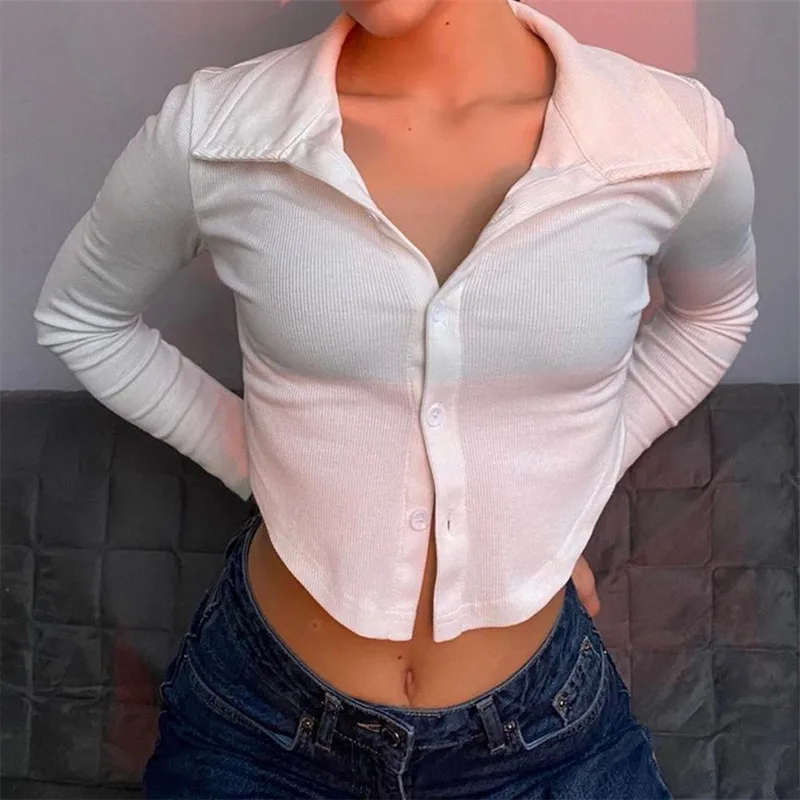 

Leisure White Shirts Button Lapel Cardigan Top Solid Color Lady Skinny Long-sleeve Womens Blouses Autumn Blusas Mujer