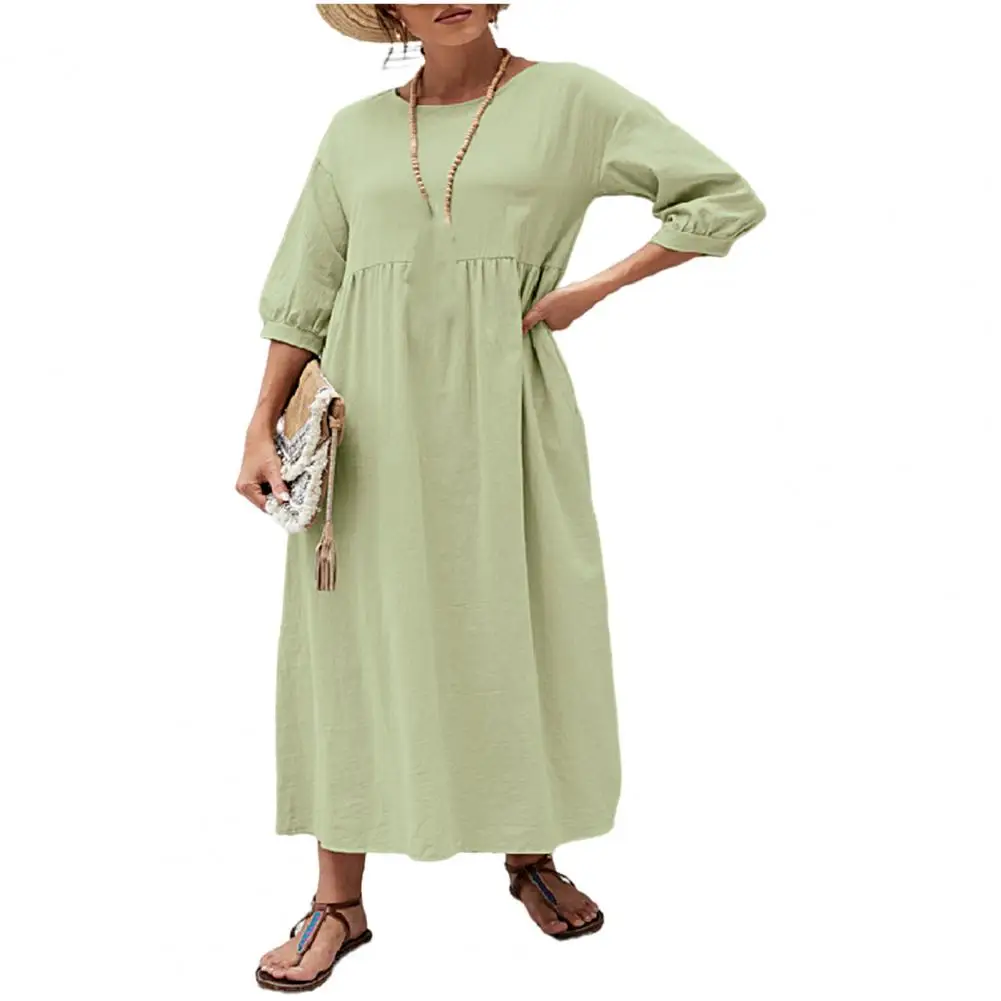 

Popular Loose Dress O-neck Soft Women Dress Retro Solid Color Loose Midi Dress