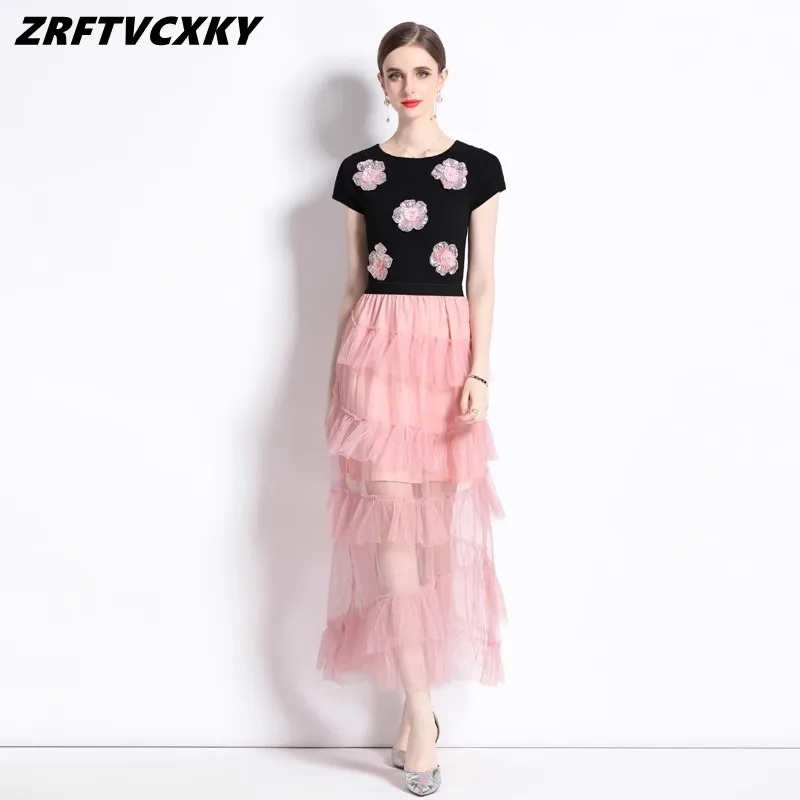 

Женское трикотажное платье с цветочной вышивкой, розовое Сетчатое платье в стиле пэчворк с оборками, летнее Повседневное платье с коротким ...