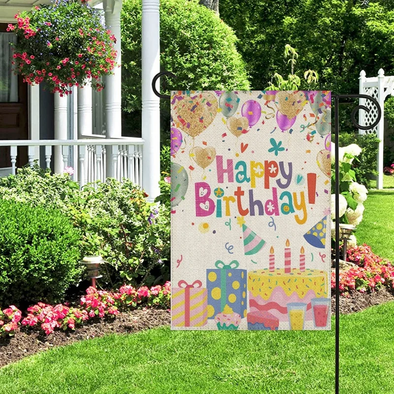

1PC Happy Birthday Pattern Linen Cotton Garden Flag Banner Indoor Outdoor Home Garden Hanging Decor