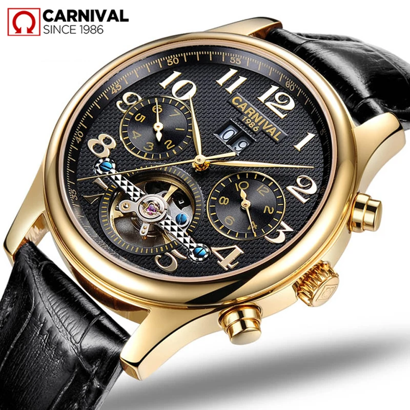 

CARNIVAL Tourbillon Business Fashion Watches Men Waterproof Date Leather Watch Men Automatic Mechanical Clock Relogio New