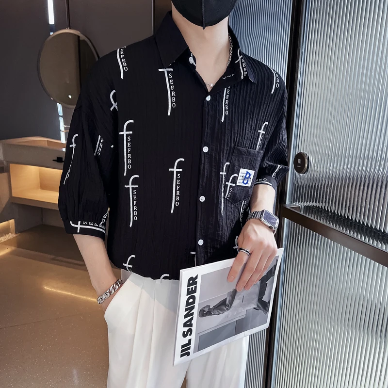 Fashion Letter Print Shirts for Men 2022 Summer Half Sleeve Loose Casual Shirt Korean Streetwear Social Oversized Men Clothing