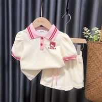 girls cartoon waffle short sleeved suit summer new girls college style t shirt shorts two piece set baby girl outfit set