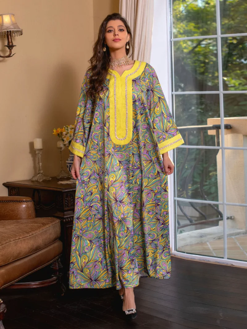 Eid Muslim Women Abaya Ramadan Morocco Party Dress Abayas Elegant Print Prayer Abayas Long Sleeve Robe Musulman Maxi Vestidos