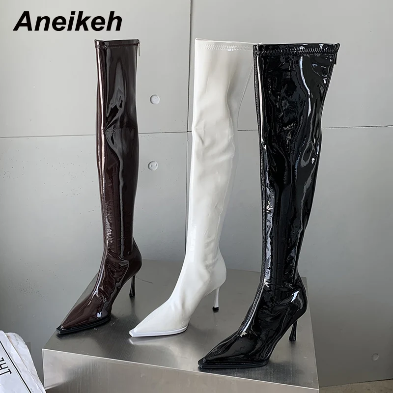 

Aneikeh 2024 Fashion Sexy Patent Leather Slim Heel Over Knee Chelsea Boot Women's Pointed Sewing Zipper Boots Party Pole Dance