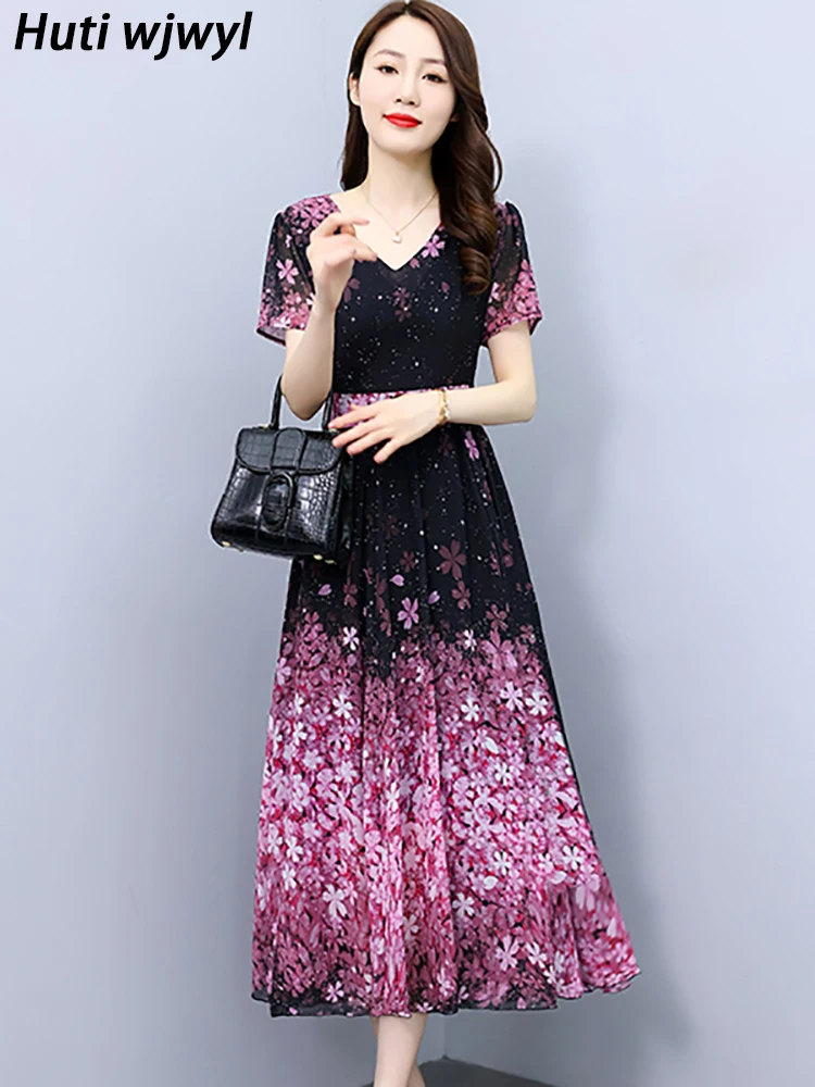 

Floral Chiffon Gradient Elegant Long Dress 2023 Korean Vintage Luxury Party Vestidos Summer Short Sleeve Women Prom Night Dress