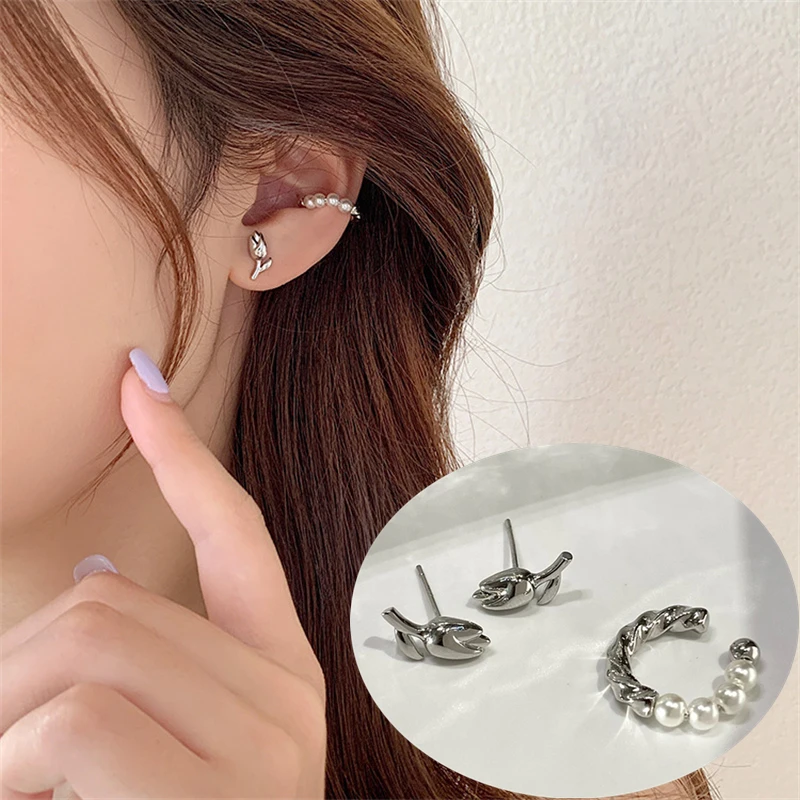 

Korean Tulip Flower Earring For Women Exquisite Silver Color Asymmetric Earrings Fashion Jewelry 2023 Trend Party Gift