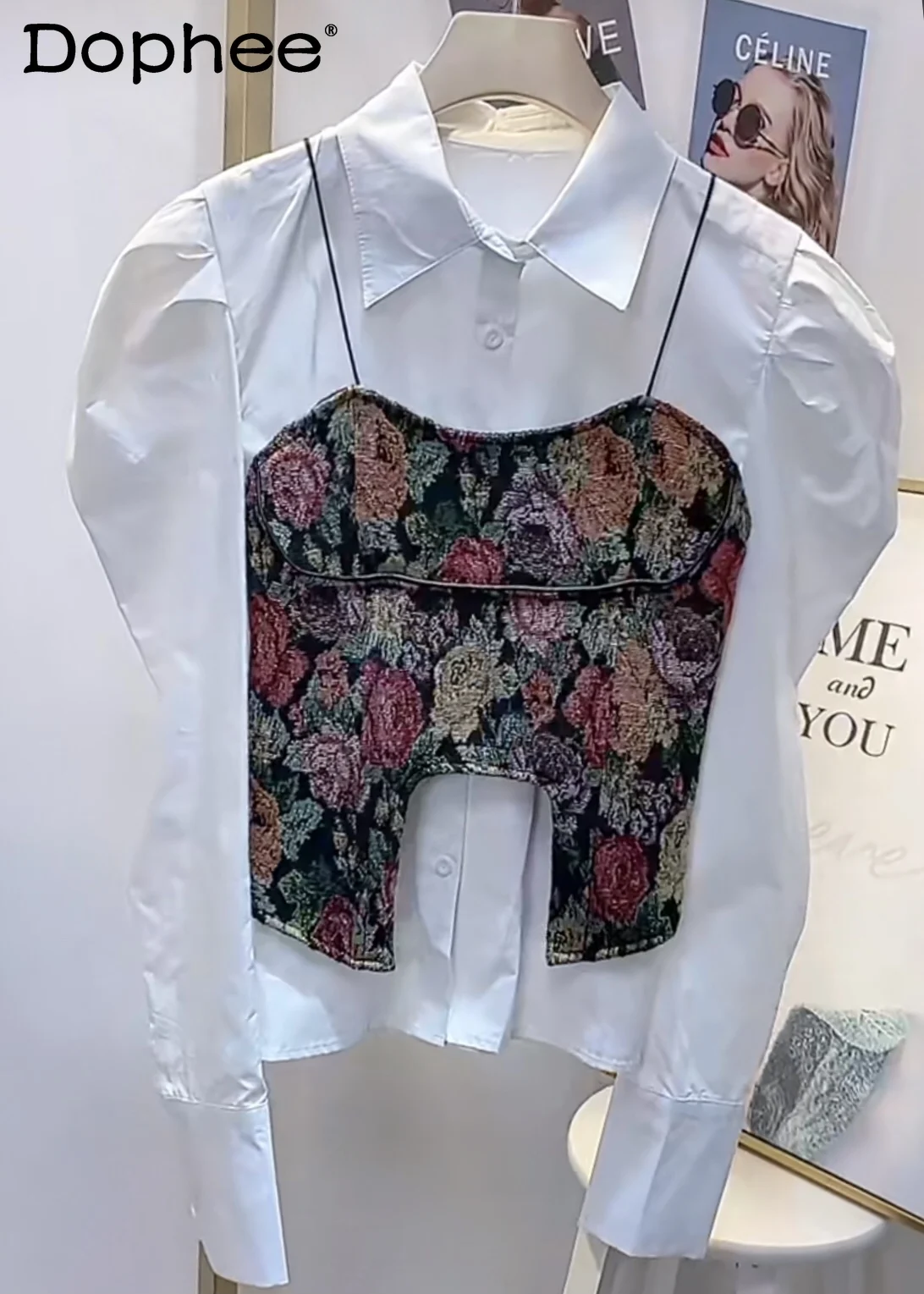 

French Retro Puff Sleeve Shirt for Women 2022 Spring Autumn New Clothes Slim Waist Floral Camisole Blouse Two-Piece Set Top Tide