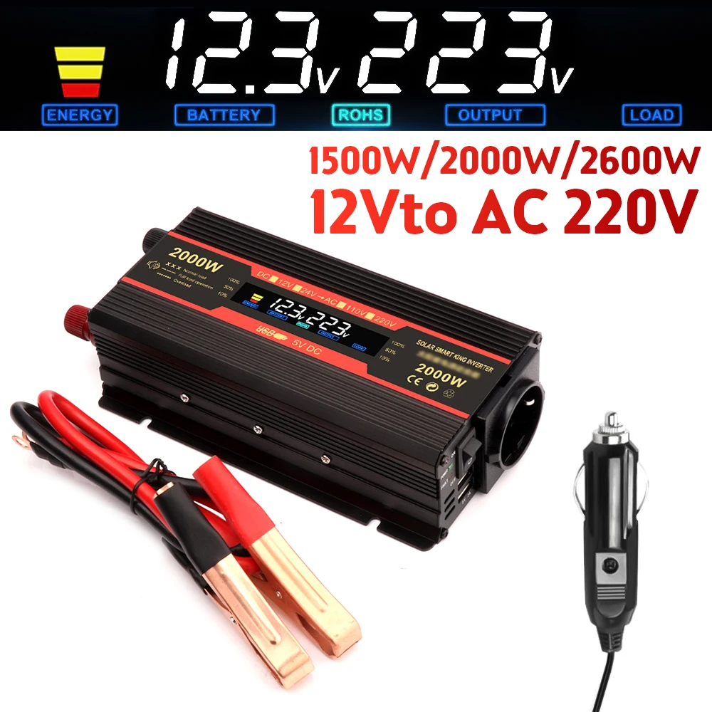 

1500W/2000W/2600W Improved Sine Wave LCD Power Inverter DC 12V to AC 220V Solar 2 USB On-board Transformer Conversion EU Socket