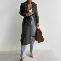 2022 women fashion see through outdoor tops lace up spring solid sheer mesh long sleeve buttoned coat with belt elegant shirts