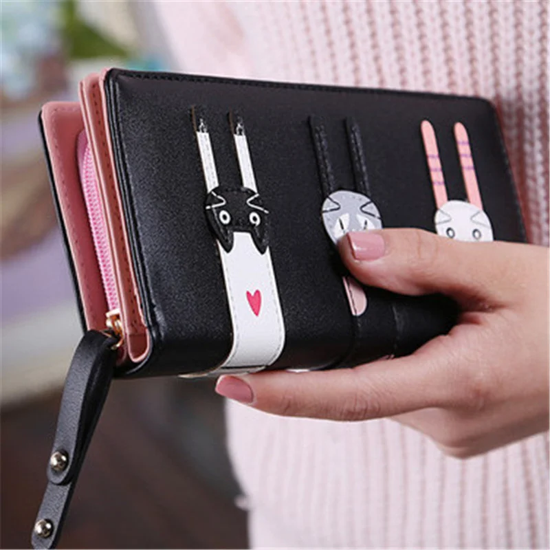 

Bonito couro do plutônio três gatos padrão carteira longa moda feminina bolsas de grande capacidade