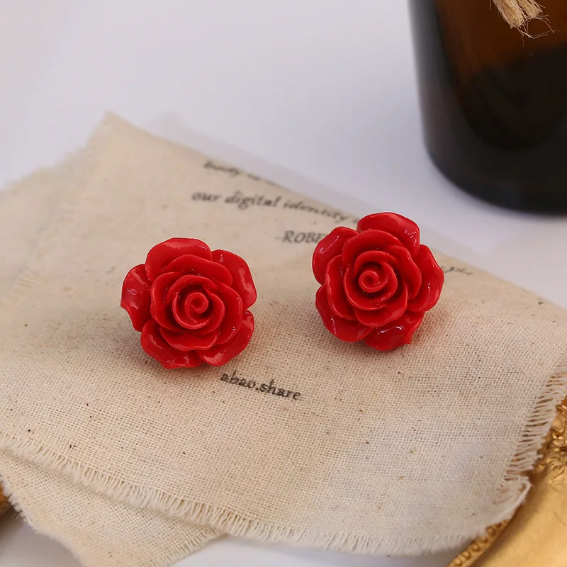 Sweet Cute Simple Resin Rose Flower Stud Earrings for Women Girls Valentine Day Gift Wedding Brides Jewelry Korean Earring