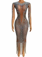 women rhinestone birthday fringe stunning dress sleeveless elegant sexy dancer stage wear gogo see through drag queen outfit