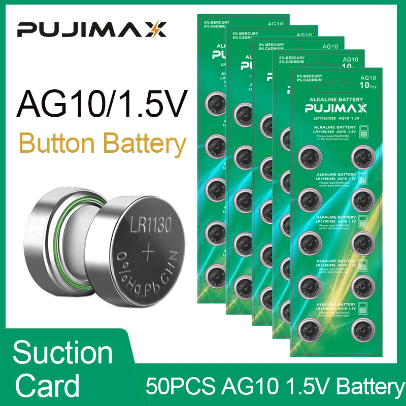 

PHOMAX New 50Pcs AG10 Button Battery 1.5V LR1130 Watch Alkaline Coin Battery For Electronic Calendar Remote Control Stopwatch