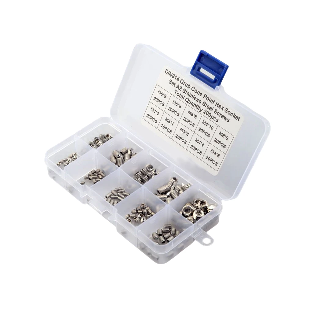 

200pcs Rustproof Hex Hexagon Socket Allen Cup Point Grub Bolt Set Headless Screw Kit with Box Screw Thread Machine Bolt