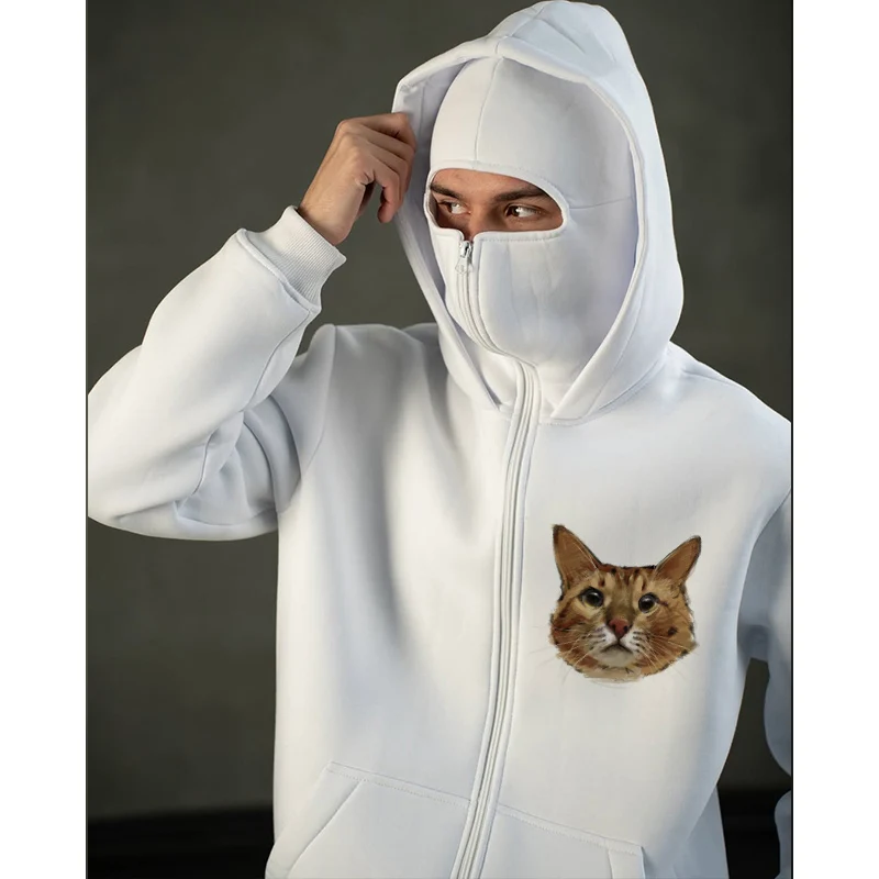 Весенняя мужская и женская белая толстовка на молнии маска для лица с кошачьим