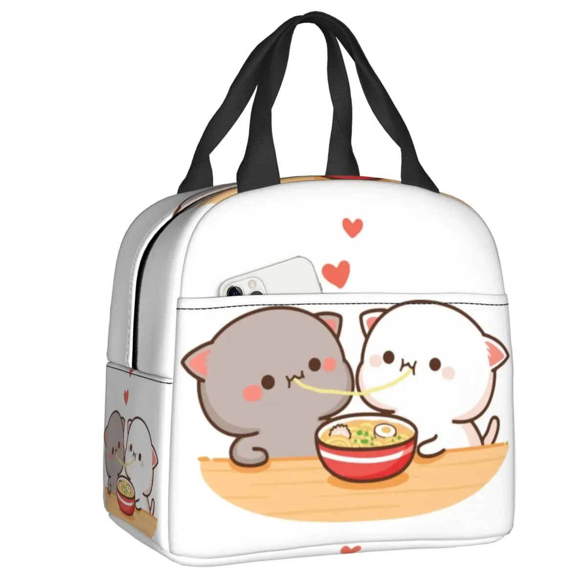 Peach And Goma Mochi Cat Eating Ramen Thermal Insulated Lunch Bags Women Resuable Lunch Container Outdoor Storage Food Box