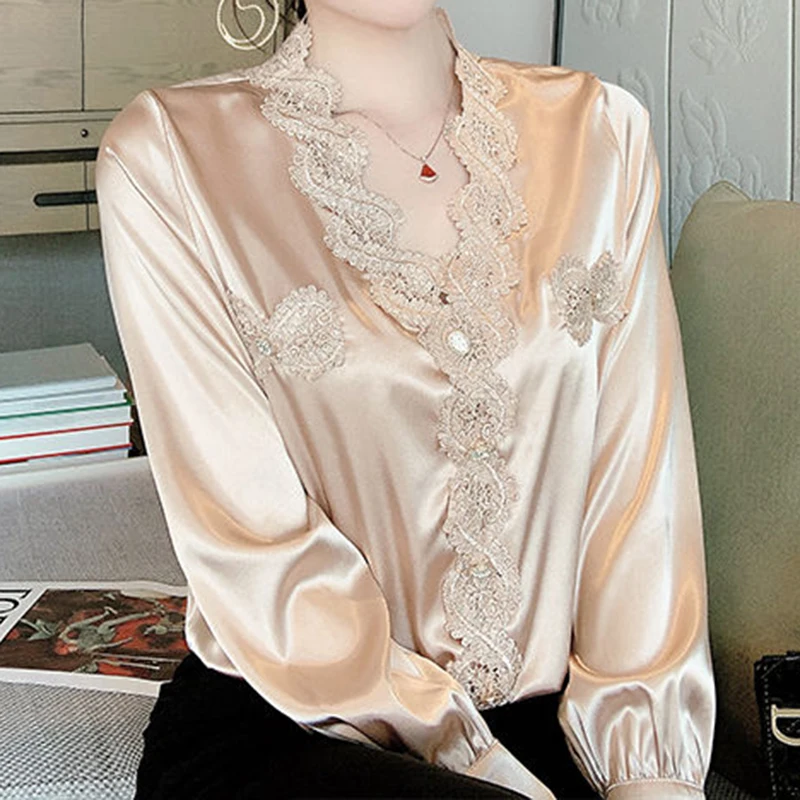 Satin shirt design niche top spring 2022 new women's  shirt  v-neck shirt  Chiffon  Slim  blouse  women shirt  blusas