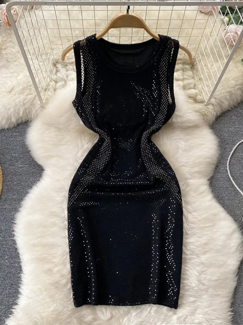 

Sexy Women Sequins Mini Bodycon Dress Black O-neck Sleeveless Hollow Out Club Outfits Party Dress 2022 Fashion Summer Clothes