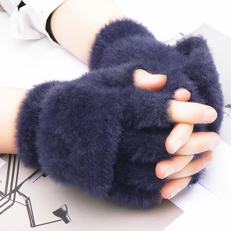 

2022 Mink Gloves Fingerless Flip Mittens Winter Warm Wool Touchscreen Gloves Flap Cover Women Men Knitted Half Finger Gloves