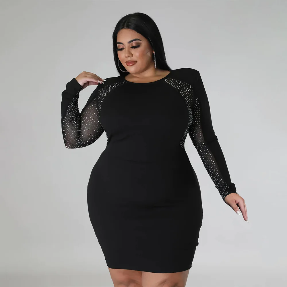 Plus Size Diamonds Sheer Mesh Patchwork Mini Dress 5XL Long Sleeve Bodycon Vestidos Autumn Night Party Club Elegant Robes 2022
