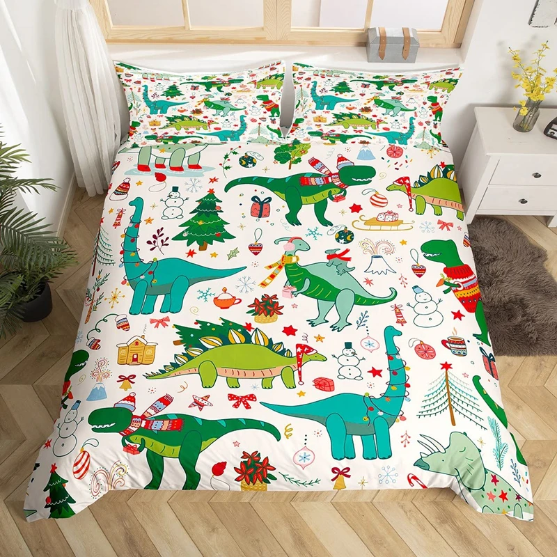 

Cartoon Dinosaur Duvet Cover Cute Animal Bedding Set Microfiber Jungle Dino Christmas Theme Quilt Cover Single Double King Size