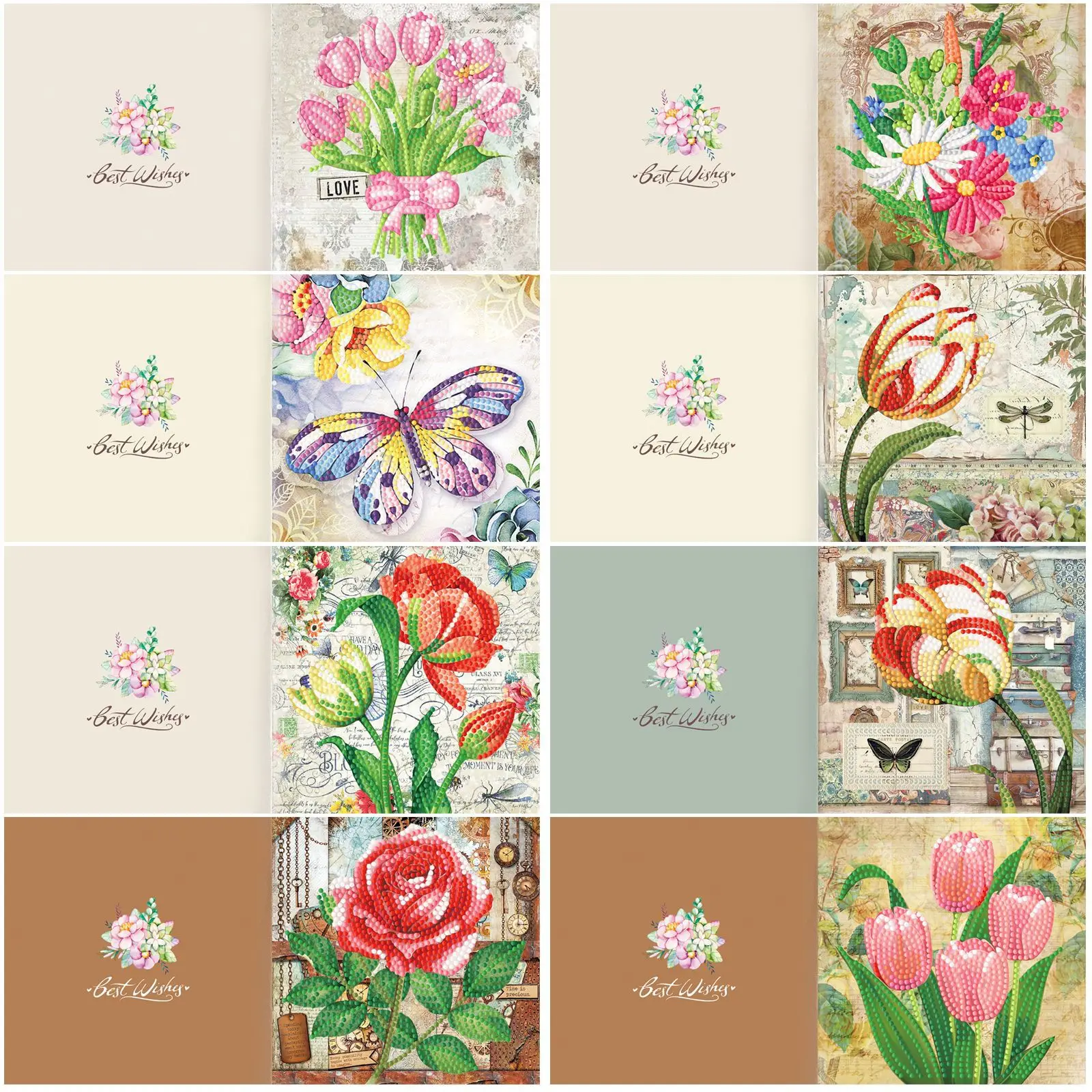 

8Pcs Thanks Birthday Postcards DIY Flower Diamond Painting Greeting Cards with Envelopes Partial Special-shaped Drill 5D Mosaic