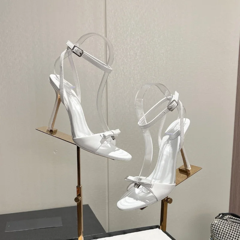 Women's Sandals 2023 Summer New Fashion Banquet Rhinestone Letter Buckle Bow High Heel Sexy Slim Heel Open Toe Roman Shoes