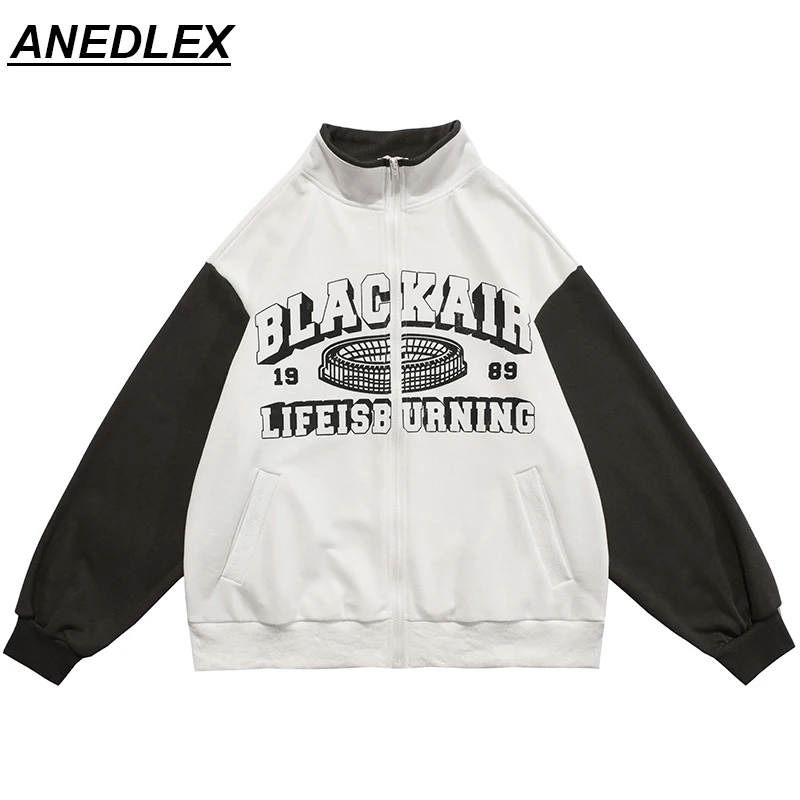 

2022 Spring Men Retro Jacket Colosseum Letter Print Color-Block Sleeve Zipper Turtleneck School Style Jacket Coat Sweater Unisex