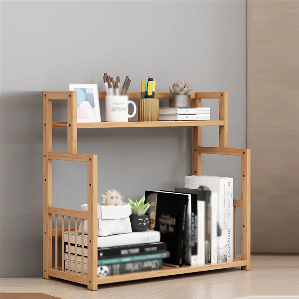 

Double Layer Desktop Bookshelf Bamboo Storage Rack Office Stationery Organizer Magazine Holder Planter Flower Pot Organizer Rack