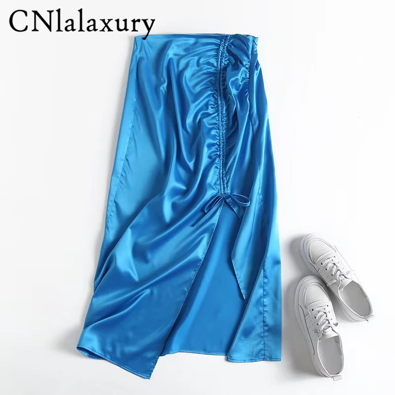 

CNlalaxury 2022, Синяя атласная юбка, женские длинные юбки с рюшами и разрезом, Женские Модные осенние элегантные юбки миди с высокой талией и разре...