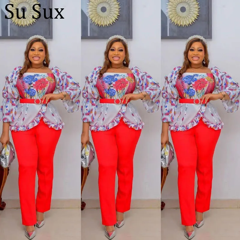 

Chiffon Top Pant Suits Womens Two Piece Sets 2022 Summer Office Lady Print High Waist Belt Outfits Vestidos Tracksuit African