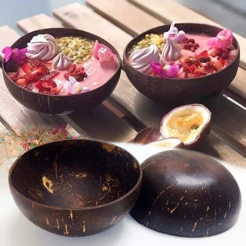 

12-15cm Natural Coconut Bowl Set Wooden Salad Ramen Bowl Coconut Wood Spoon Set Coco Smoothie Kitchen Tableware Coconut Bowl