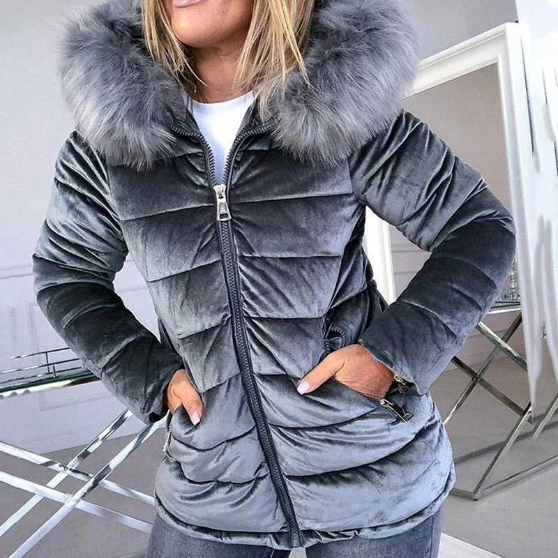 Winter Velvet Jacket Jacket Women's Cotton Padding Fashion Hooded Fur Collar Thick Warm Jacket Winter Snow Jacket Streetwear