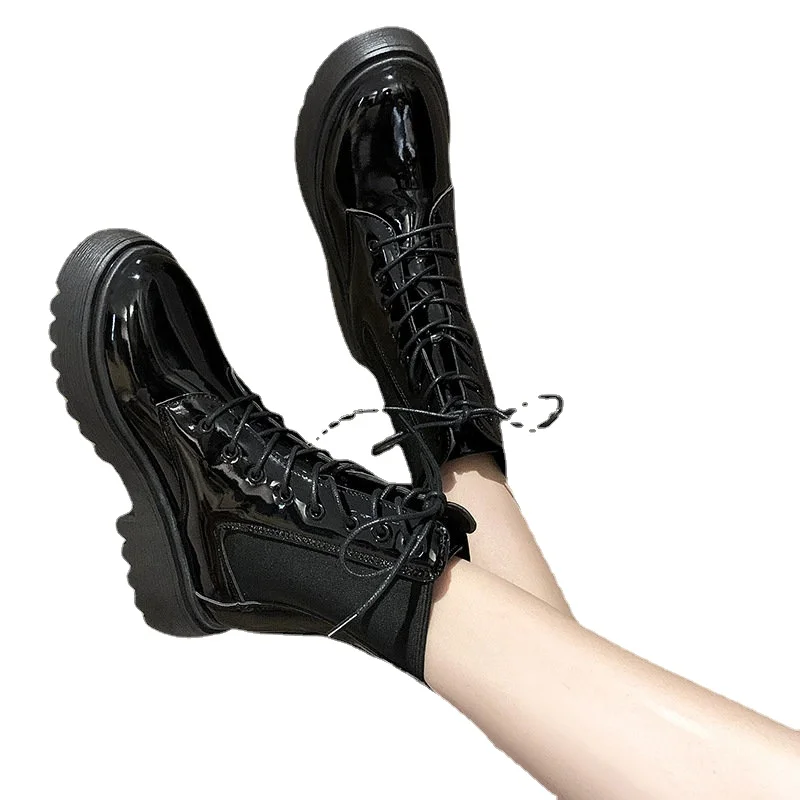 

Women Black Thick Soled Ankle Boots Platform Square High Heel Women and Lower Leg Snow Short Patent PU Leather Round Head