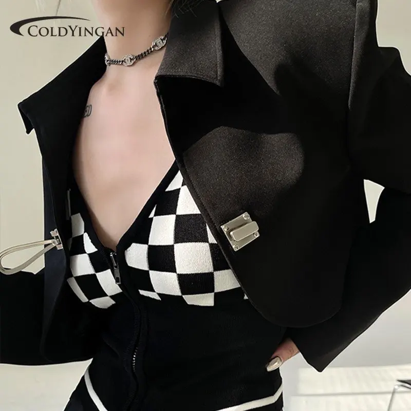

COLDYINGAN Buckle Cropped Jacket Women Punk Gothic Korean Fashion Balck Cardigan Autumn Office Ladies Short Coat Kpop Streetwear