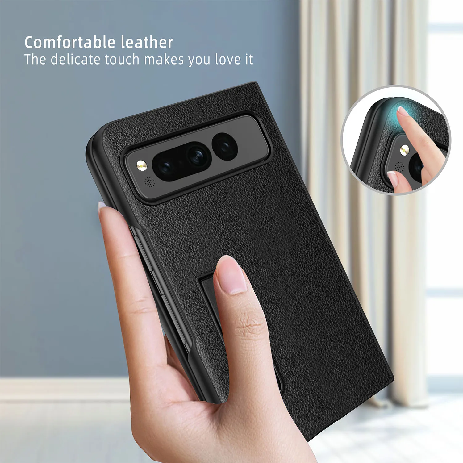 Luxury Litchi Carbon Fiber Pattern Leather Holder Cover For Google Pixel Fold PixelFold Kickstand Bracket Armor Back Case