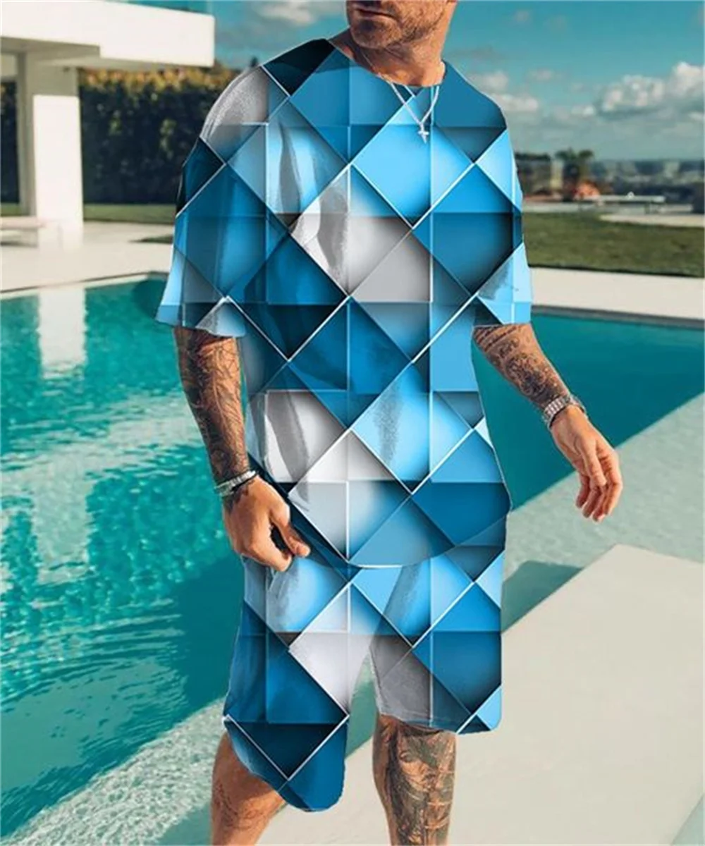 Summer Two-piece Fashion Casual Short-sleeved T-shirt Short Suit Men's Hipster Streetwear Retro Print Breathable 2-piece Set