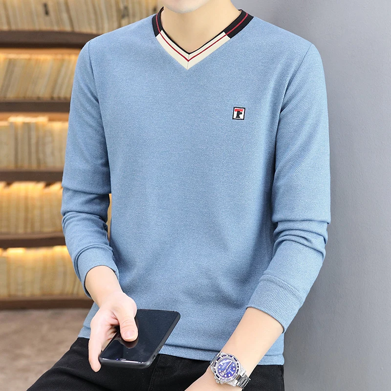 

Мужская хлопковая футболка с длинным рукавом и V-образным вырезом