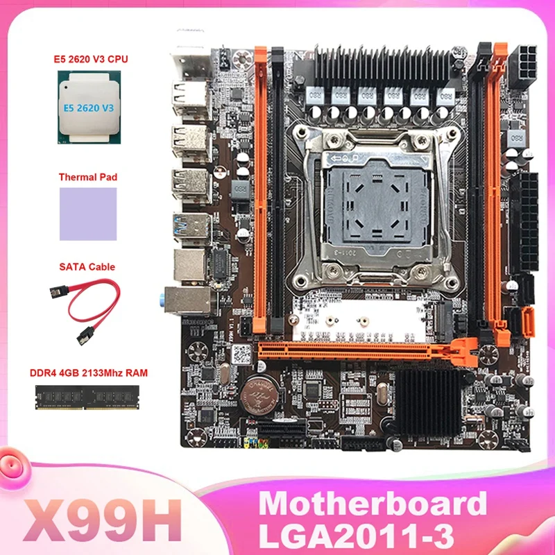 

X99H Motherboard LGA2011-3 Computer Motherboard Set With E5 2620 V3 CPU+DDR4 4GB 2133Mhz RAM+Thermal Pad+SATA Cable