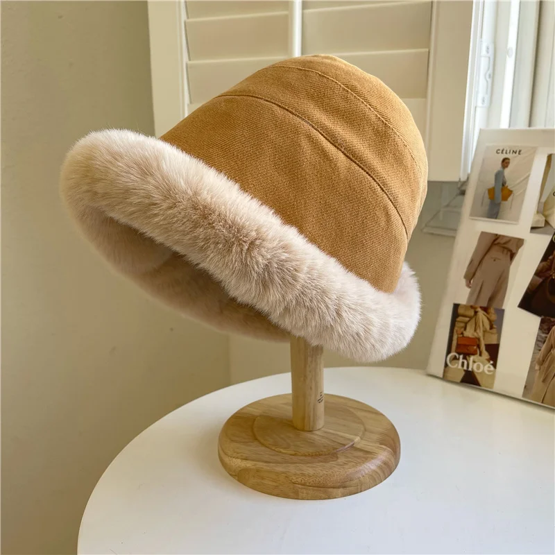 Woman Winter Plush Pot Hat for Internet Celebrities Plus Velvet Lamb Hair Female Bucket Hat Street Shooting Casual Wide Hat Warm