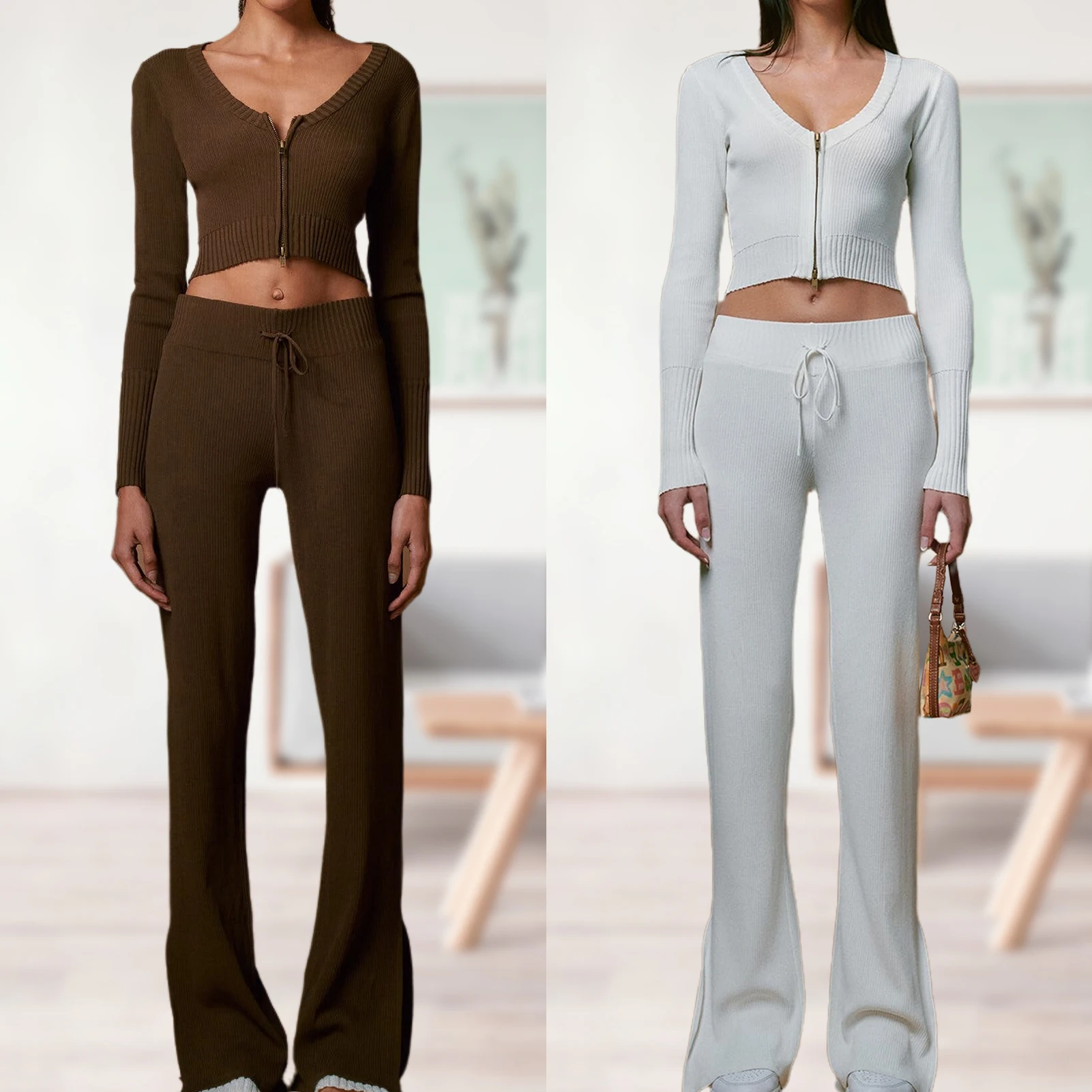 

Women Sweater Slit Pants Two-piece Set Long Sleeve Slim Knit Suits Solid Color V-neck Elastic Waist Autumn Winter