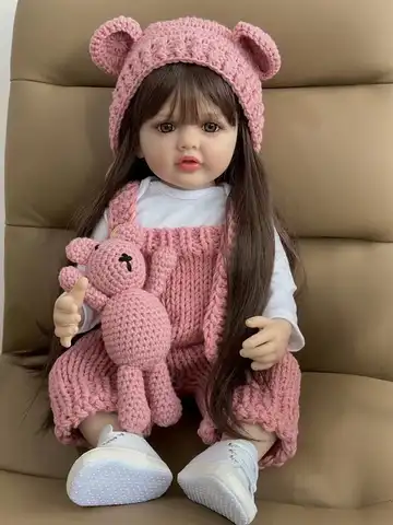 Кукла реборн Мягкая силиконовая, Реалистичная кукла с длинными коричневыми волосами для маленьких принцесс, подарок на день рождения, 55 см, ...