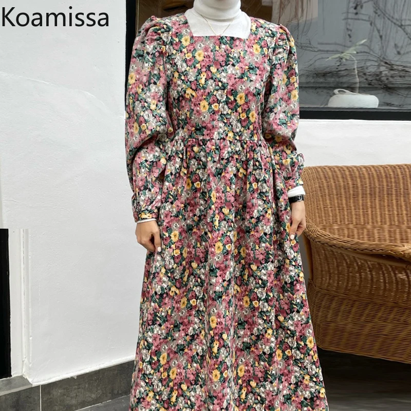 Koamissa Floral Women Straight Maxi Dress Puff Long Sleeves Square Collar Chic Korean Dresses Vintage Flower Vestidos 2022 New