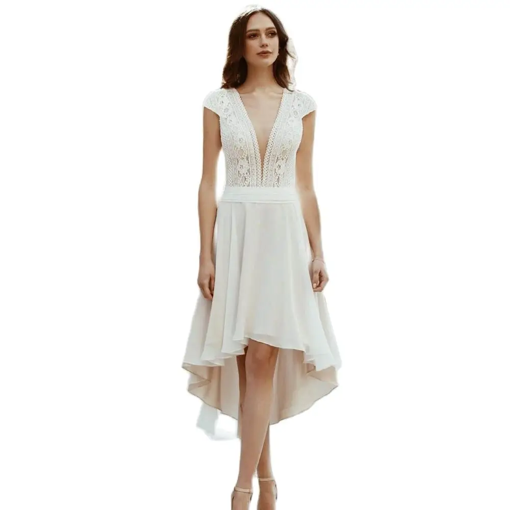 

Miss Veil Deep V-Neck Wedding Dress Short Sleeve Modern Zipper Bridal Gown Lace Appliques Tea-Length Tulle Boho Vestido De Novia